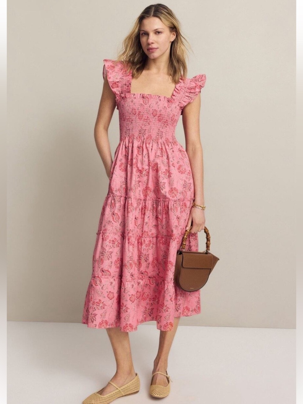 Hill House Home Ellie Nap Dress Pink Floral Smocked Midi Dress Size Medium